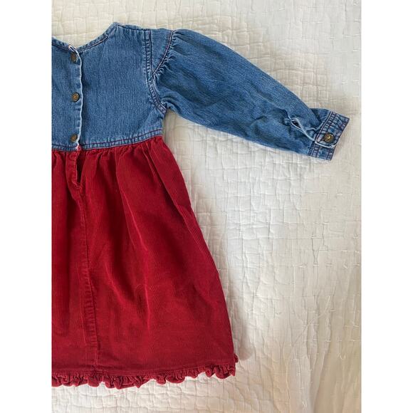 Osh Kosh B Gosh Dress Denim & Red Corduroy Rosebud Applique Ruffle Hem Size 4T - Picture 6 of 12